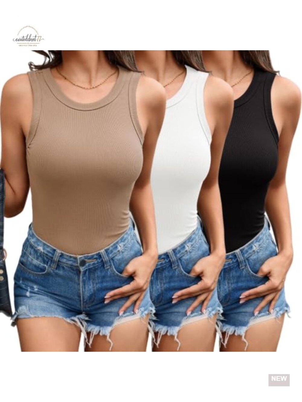 3 Pack Womens Ribbed High Neck Sleeveless Tank Tops Racerback Cotton Blend